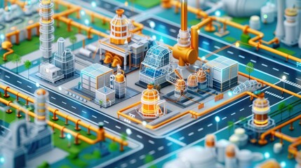 Obraz premium 3D illustration of futuristic industrial cityscape with modern buildings and advanced technology infrastructure.
