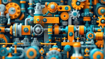 Colorful abstract mechanical assembly featuring gears and pipes, showcasing intricate design and engineering art in vibrant hues of orange and blue.