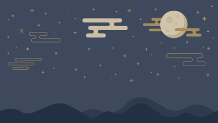 星空と満月と山並みのシンプルな背景イラスト © nekokawaodori