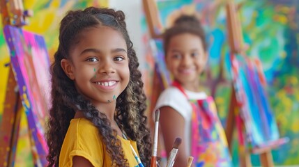Obraz premium A classroom scene with children of various backgrounds painting on easels, joyful expressions and colorful creations, the diversity, creativity, and the power of artistic activities in education