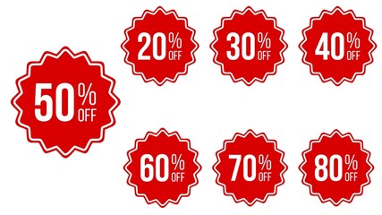 Different percent discount sticker discount price tag set.  round speech bubble shape promote buy now with sell off up to 20, 30, 40, 50, 60, 70, 80 90 percent vector illustration isolated on white
