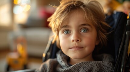 Blond haired child with blue eyes sitting in a chair