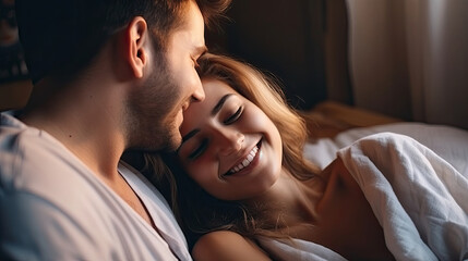 Happiness romantic couple smiling and hugging while spending time together in bed
