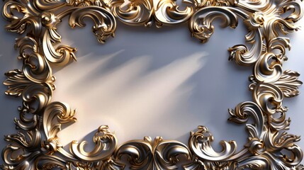 Gold relief frame with floral pattern in baroque or rococo style. Ornamental decorative relief frame. A golden baroque-style frame with acanthus leaves and shell motif