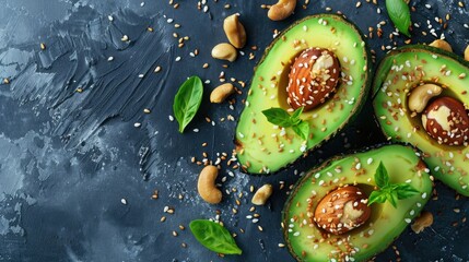 Avocado and cheese toast topped with nuts and sesame Vegetarian meal Clean eating Overhead view Space for text