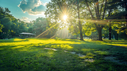 Obraz premium Sunset in a forest park with sun rays shining through the trees into a green field