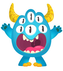 Cartoon cute monster with funny excited face expression waving hands . Vector illustration isolated on white. Halloween design