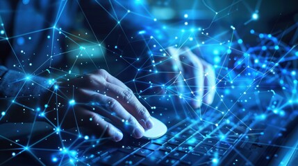 Hands Typing on a Keyboard with a Blue Network Visualization