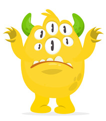 Cartoon cute monster with funny excited face expression waving hands . Vector illustration isolated on white. Halloween design