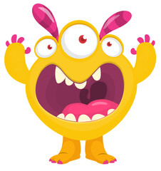 Cartoon cute monster with funny excited face expression waving hands . Vector illustration isolated on white. Halloween design