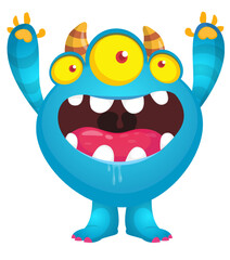 Cartoon cute monster with funny excited face expression waving hands . Vector illustration isolated on white. Halloween design