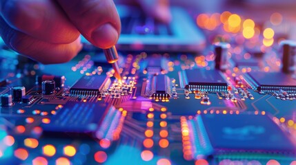 A skilled electronic technician precisely soldering microchips on a circuit board, with a high-end laptop open on the table, showcasing the meticulous process in a brightly lit modern workshop