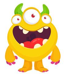 Cartoon cute monster with funny excited face expression waving hands . Vector illustration isolated on white. Halloween design