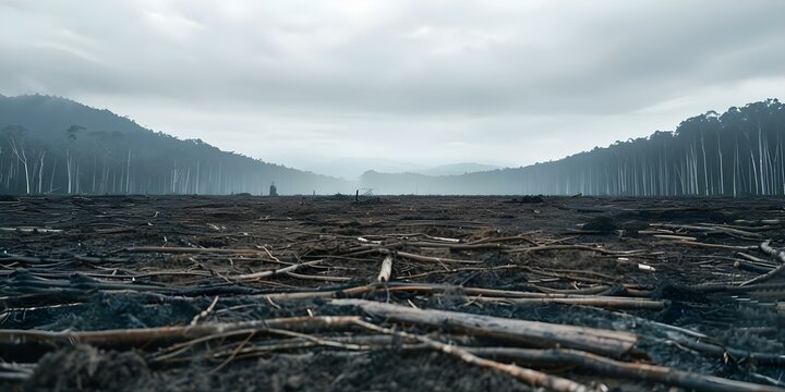 Devastation of Amazon Rainforest Illegal Deforestation Revealed in Image of Trees Cut Down under Gray Sky. Concept Amazon Rainforest, Illegal Deforestation, Environmental Destruction, Gray Sky