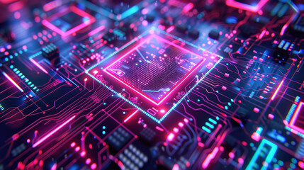 Obraz premium Close-Up of Silicon Chip Embedded with Holographic Circuits, Advanced Tech Background