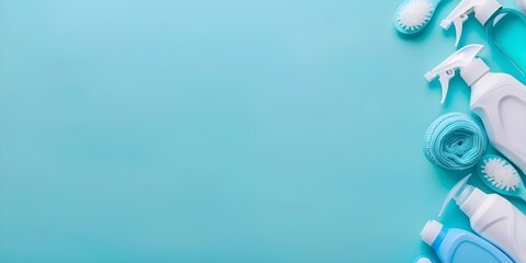 Cleaning Supplies on a Turquoise Background Ideal for Advertisements and Tutorials. Concept Product Photography, Turquoise Background, Cleaning Supplies, Advertisement, Tutorial