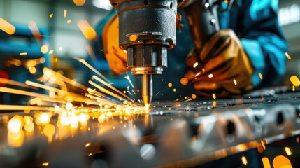 A worker wearing safety goggles and gloves operating a drill press to create a hole in a metal workpiece, captured in high detail with realistic textures and lighting