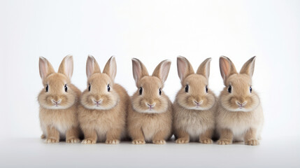 Fototapeta premium Many cute bunnies rabbits are lined up neatly, close together, and looking forward against a clean minimalist background