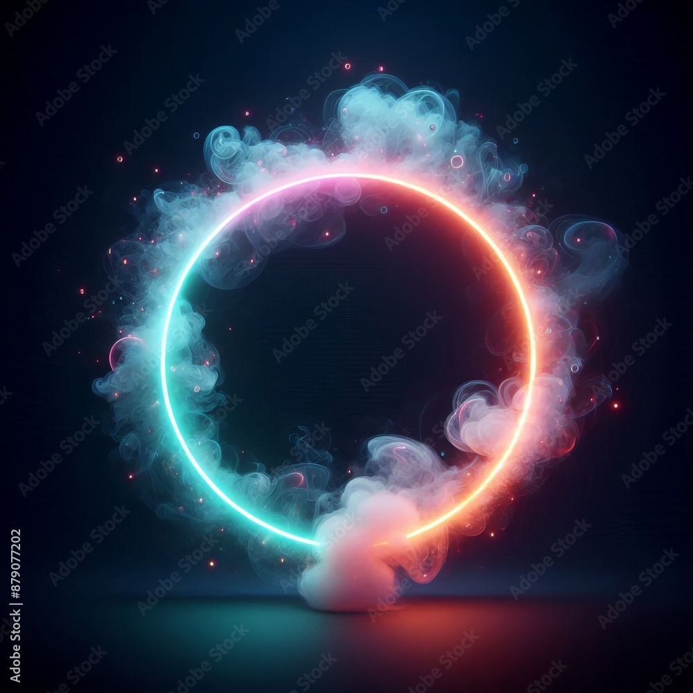 Poster swirling circles of light in a bright rainbow pattern create a dynamic abstract space isolated black