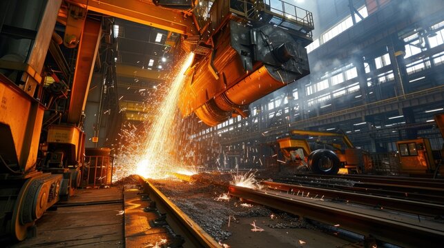 A state-of-the-art steel mill interior with molten metal being poured into molds by robotic arms in a highly automated environment with sparks flying and workers in protective gear