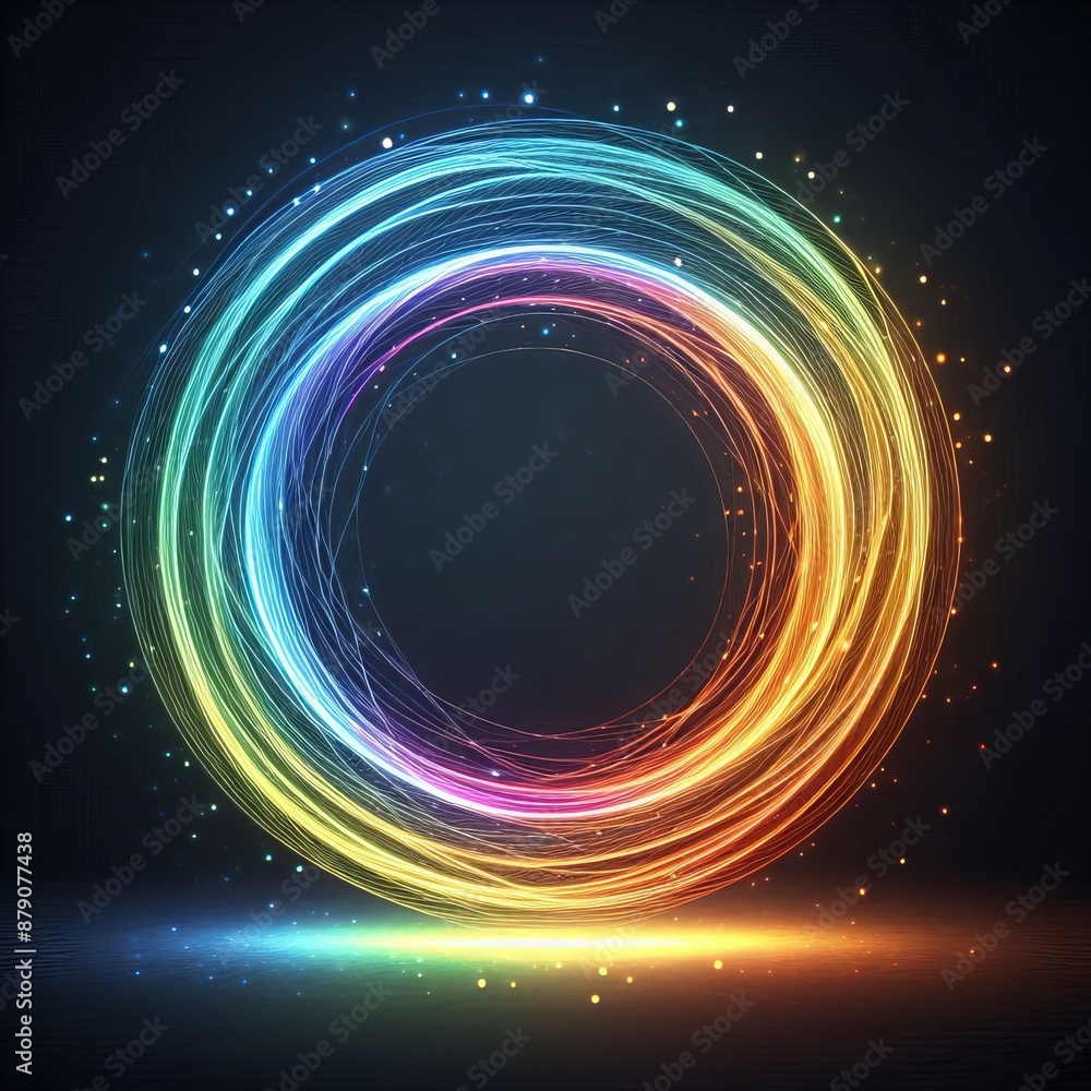 Poster swirling circles of light in a bright rainbow pattern create a dynamic abstract space isolated black