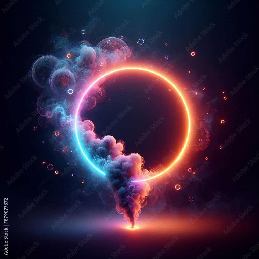 Poster swirling circles of light in a bright rainbow pattern create a dynamic abstract space isolated black