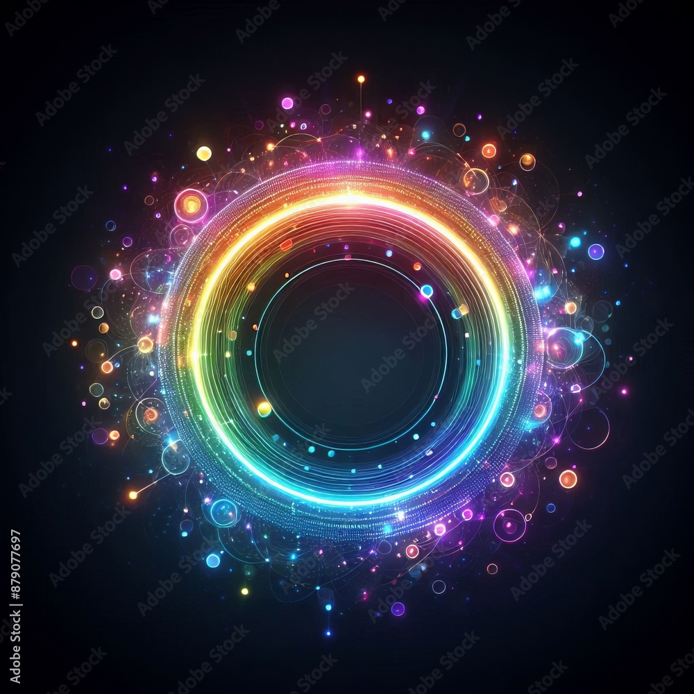 Poster swirling circles of light in a bright rainbow pattern create a dynamic abstract space isolated black