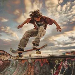 Gordijnen A young boy skating in skateboard rink. © FDX