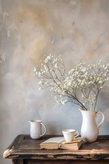 White Flowers in a Jug on a Rustic Table