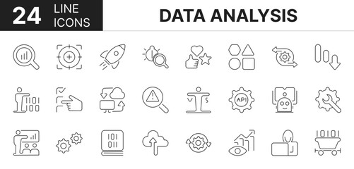 Collection of 24 data analysis line icons featuring editable strokes. These outline icons depict various modes of data analysis, big data, human analysis, thin line icon, outline,