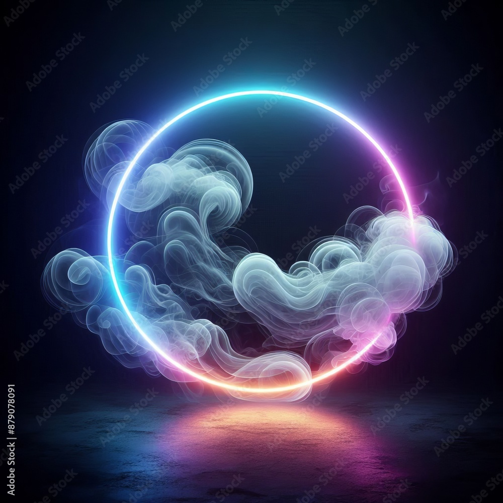 Poster swirling circles of light in a bright rainbow pattern create a dynamic abstract space isolated black