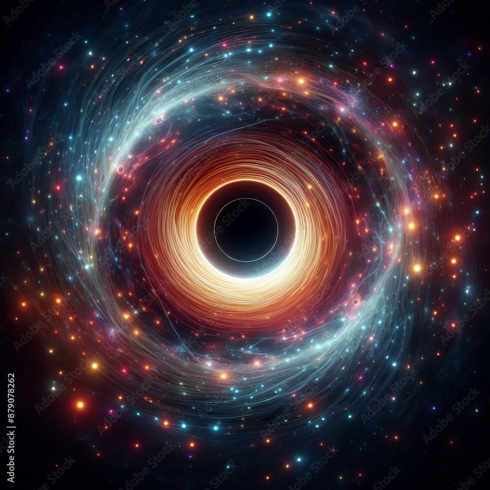 Poster swirling circles of light in a bright rainbow pattern create a dynamic abstract space isolated black
