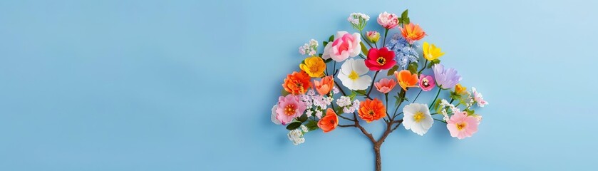 Artistic depiction of a tree made of blooming flowers, creative spring fusion