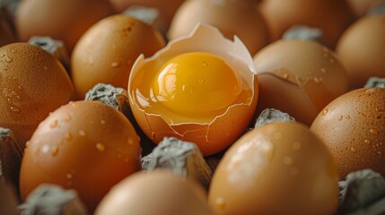 Close up of one egg in an open carton surrounded by eggs, one cracked and yellow yolk is visible