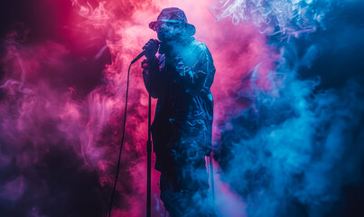Fototapeta premium Hip Hop Rapper Performing Live at Night Concert with Vibrant Pink and Blue Smoke Effects Back View