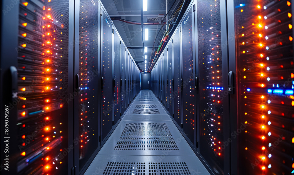 Poster corridor in modern data center with illuminated rack servers and cloud storage visualization for adv