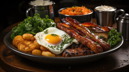 Fototapeta premium Full English breakfast with crispy bacon, soft scrambled eggs, stewed plum tomatoes, garlic mushrooms, hash browns and grilled onions on wooden table