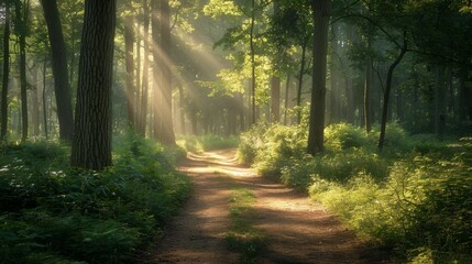 Fototapeta premium Sunbeams Through the Trees on a Forest Path.