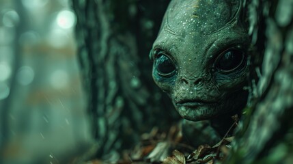 Alien looking out from behind a tree in a forest