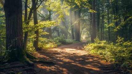 Obraz premium Sunbeams in a Forest Path.