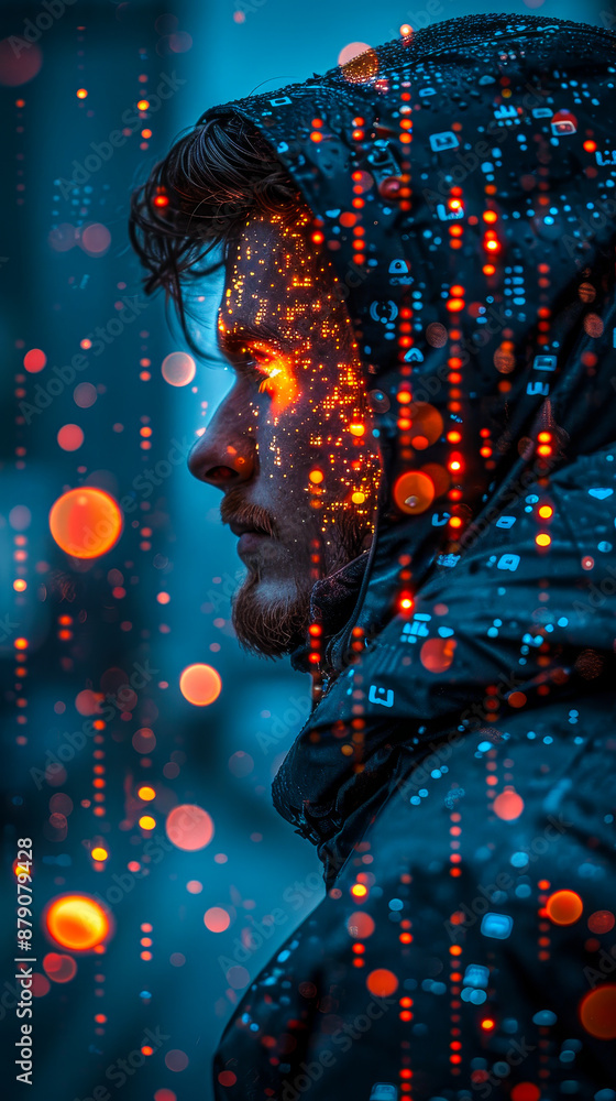Poster side profile of a man in cyberpunk setting with futuristic digital data overlay at night representin