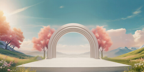 wide white podium (with arch) image of a bright spring day with green field, flowers, mountains and clouds for product mockup(1).