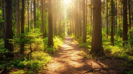Obraz premium Sunlit Path Through Lush Forest.
