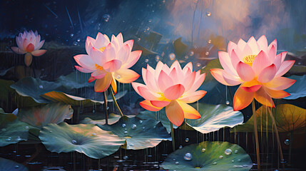 beautiful painting of lotus lily flowers blooming during the rain under dramatic sunlight