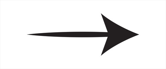 Thin black arrow pointing right. Long, straight-line arrow icon in white. Graphic illustration for direction symbols, up and down signs. Vector horizontal arrow variation isolated on white background