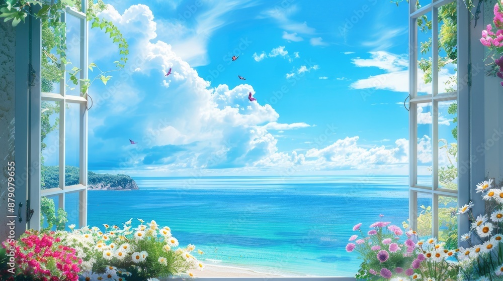 Poster background image of view of the sea through a window with flowers. wooden window decorate with flowe