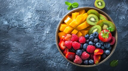 Fresh Fruit Salad with Mango, Kiwi, Strawberries, Raspberries and Blueberries.