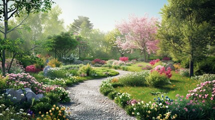 Obraz premium Serene Garden Path with Blooming Flowers.
