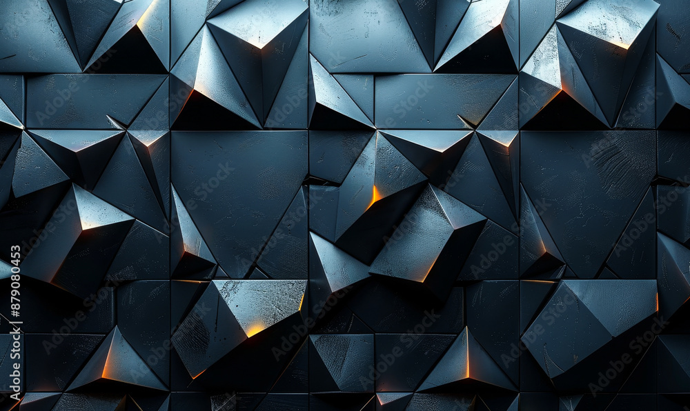 Poster futuristic high-tech 3d triangular tile wall with dark background and illuminated details, modern ge