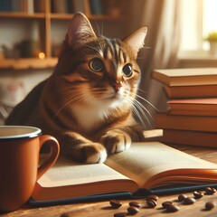 Curious cat reading a book with a mug on the table, creating a cozy and relaxed atmosphere of learning and relaxation.